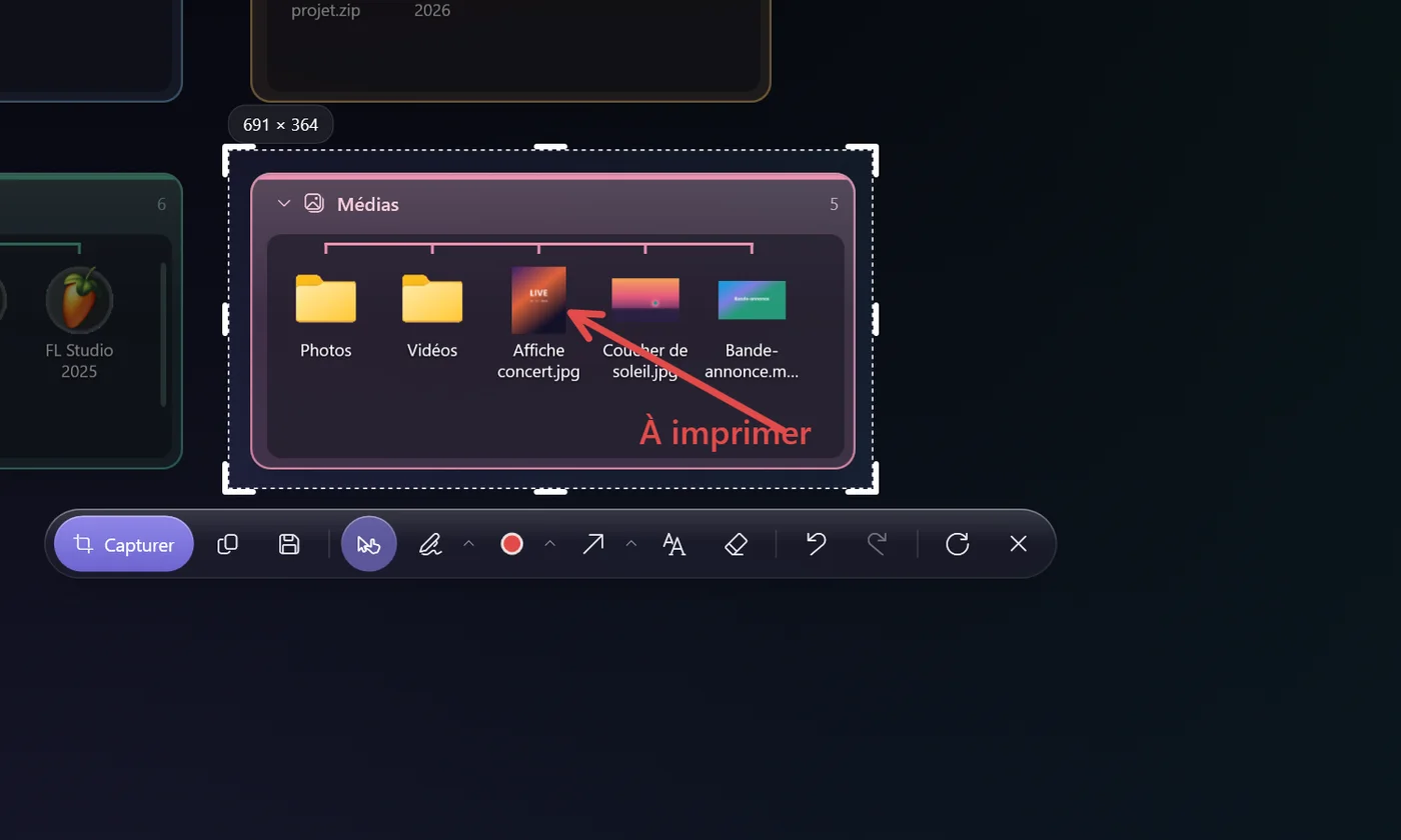 Une capture annotée dans Cap+ Studio, avec une flèche rouge et le texte « À imprimer ».