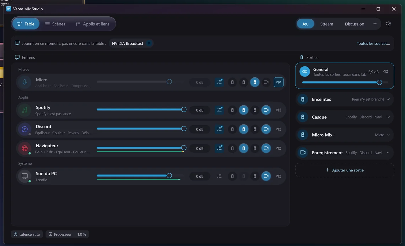 La table de mixage de Mix+ Studio : rangées Micro, Spotify, Discord, Navigateur et Son du PC, sorties Général, Enceintes, Casque et Enregistrement.
